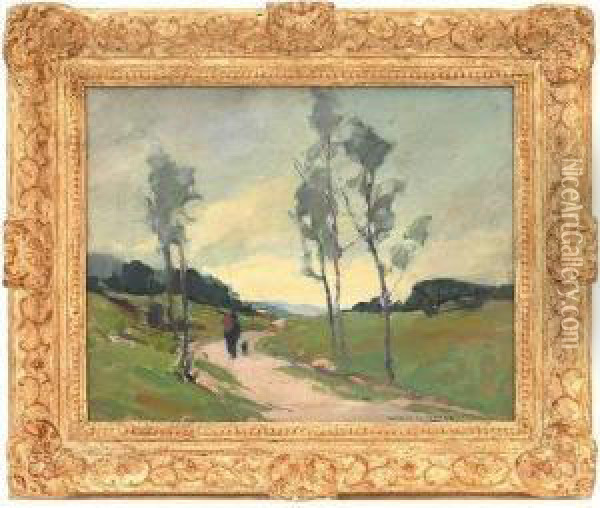 Landscape With Man And Dog On Path Oil Painting - Wilbur L. Oakes