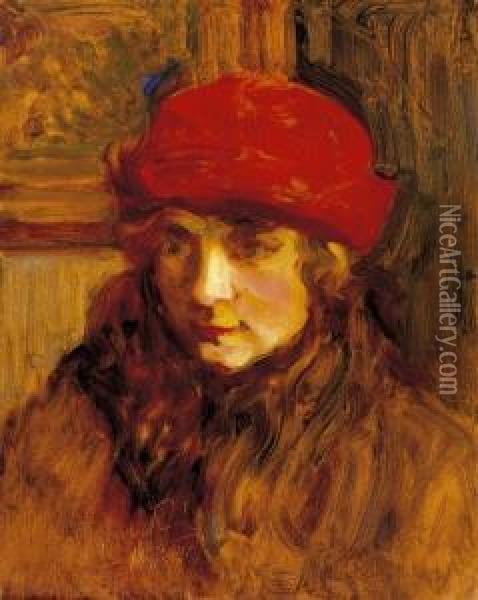 Lady In A Red Hat Oil Painting - Janos Thorma
