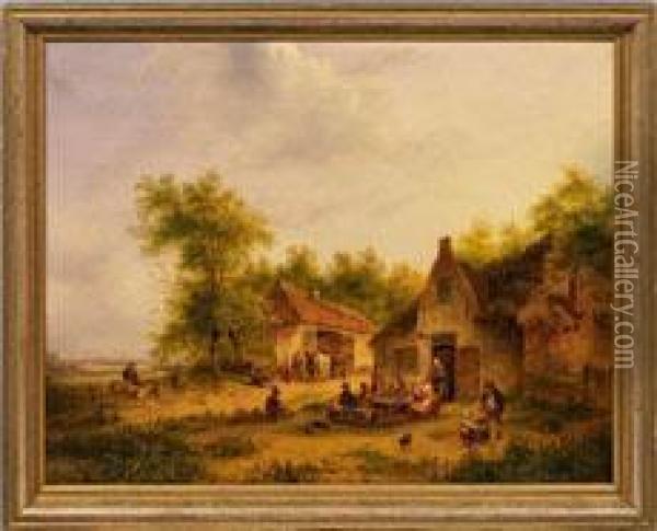 Hollandischelandschaft Mit Feiernden Bauern Und Schafer Vor Einemgehoft Oil Painting - Anton Braakman