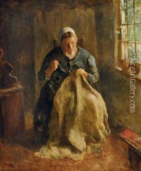 Sewing In An Interior Oil Painting - Jacob Simon Hendrik Kever