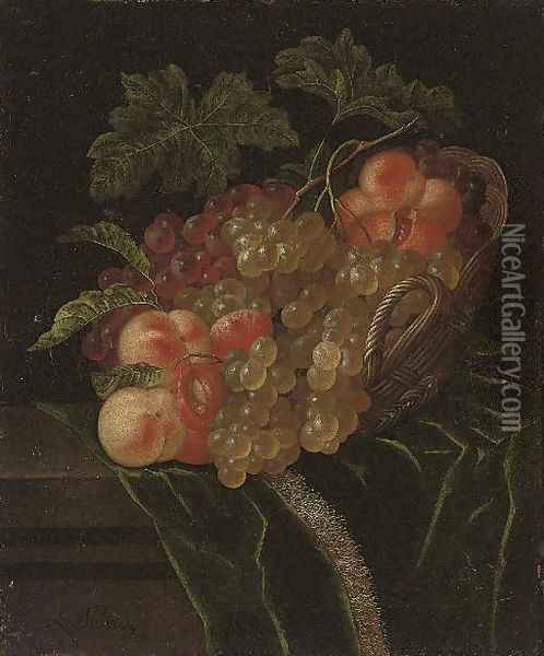 A pomegranate, apricots, grapes and peaches in a wicker basket on a partly-draped stone ledge Oil Painting - Ernst Stuven