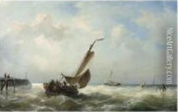 Sailing Vessels On Choppy Waters Oil Painting - Nicolaas Riegen