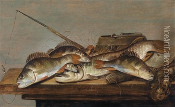 Stillleben Mit Fischen, Angel Und Netz Auf Einer Groben Tischplatte Oil Painting - Pieter de Putter