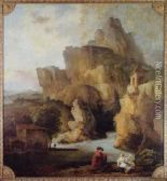 La Crique/le Debarcadere/la Cascade/le Viaduc/la Lavandiere Oil Painting - Hubert Robert