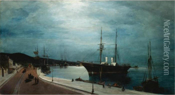 Harbour Of Volos By Moonlight Oil Painting - Constantinos Volanakis