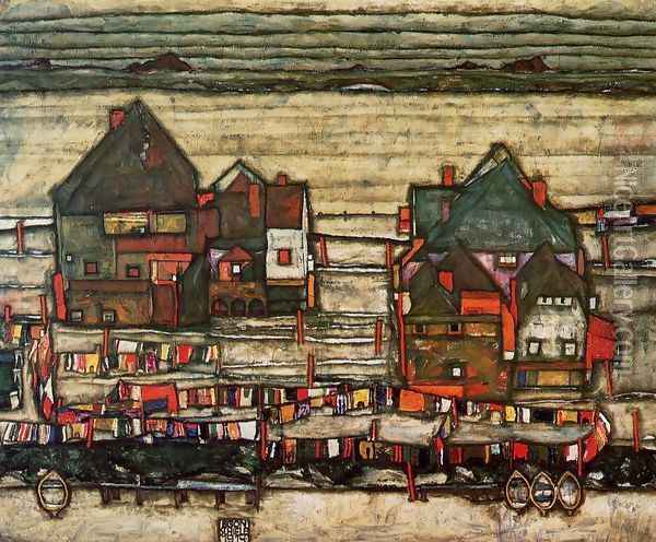 Houses With Laundry Aka Seeburg II Oil Painting - Egon Schiele