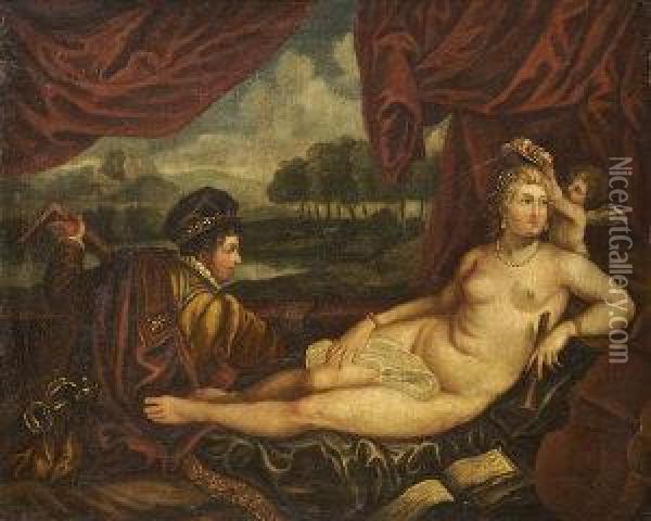Venus And The Lute Player Oil Painting - Tiziano Vecellio (Titian)