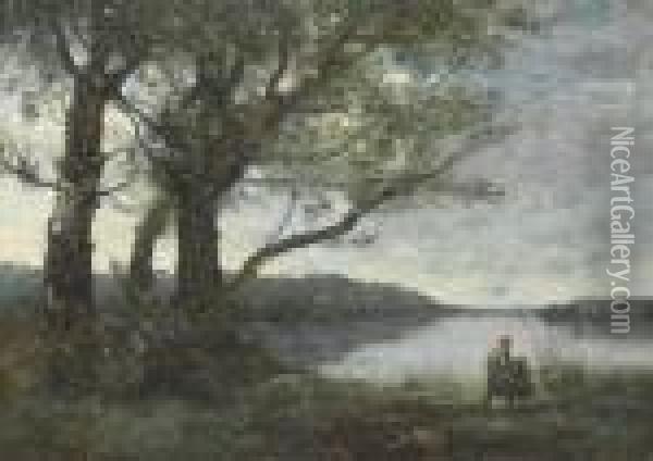 Les Trois Arbres En Vue Du Lac Oil Painting - Jean-Baptiste-Camille Corot