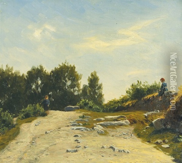 Bretonische Landschaft Einem Jungen Und Auf Einer Mauer Sitzendem Madchen Oil Painting - Hermann Eschke