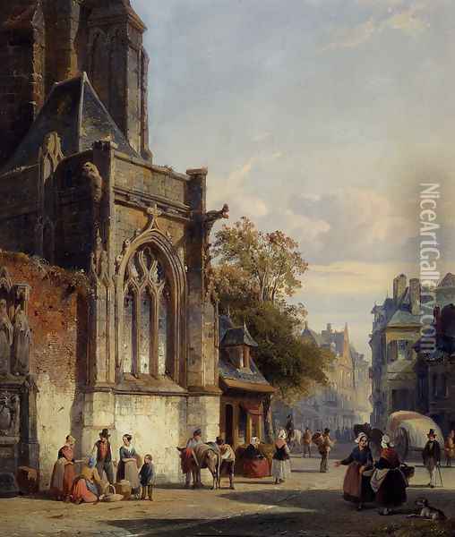 Town Square Before A Church: A Capriccio Oil Painting - Cornelis Springer