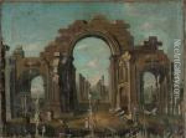 An Architectural Capriccio With Classical Figures Oil Painting - Giovanni Niccolo Servandoni