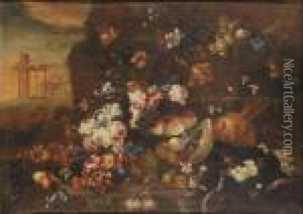 Coppia Di Nature Morte Con Vaso Di Fiori Entro Paesaggio Oil Painting - Michele Antonio Rapous