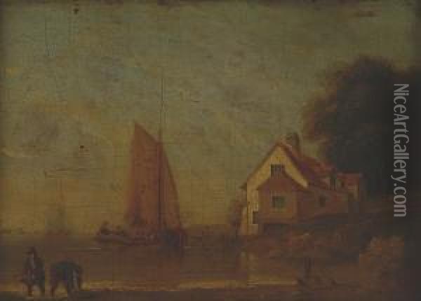 Shore Scene With Figures In The Foreground And Sailing Barges Beyond Oil Painting - William Anderson