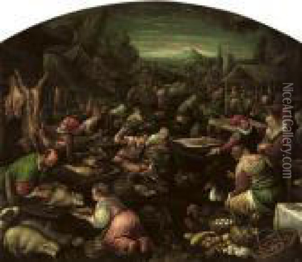 A Country Market With Diogenes Looking For An Honest Man Oil Painting - Leandro Bassano