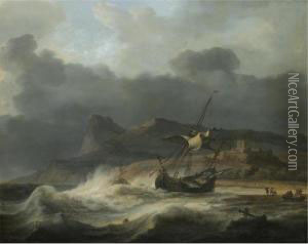 A Mountainous Coastal Landscape 
With A Ship Beached In A Storm, Figures Gathering Cargo To The Right Oil Painting - Aernout Smit