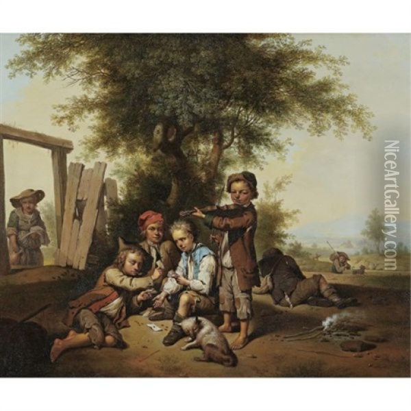 Young Card Players And A Violinist By A Tree Oil Painting - Johann Conrad Seekatz