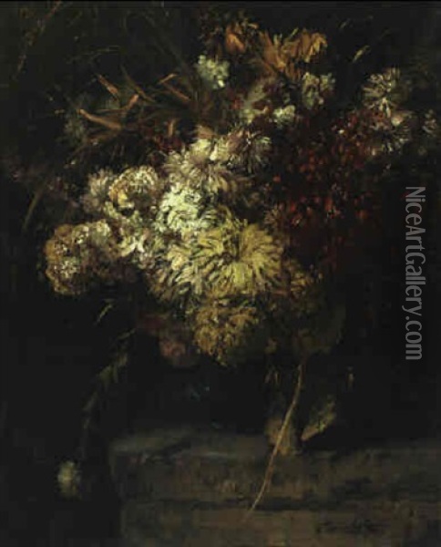Bunter Sommerblumenstraus In Einer Vase Auf Dem Mauervorsprung Oil Painting - Anna Peters