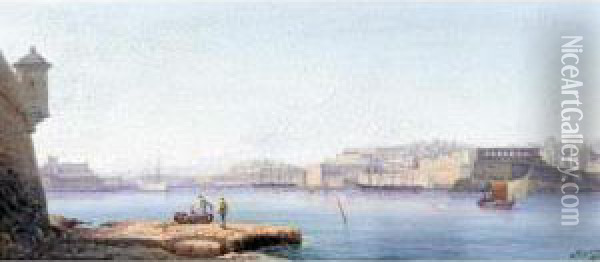View Of Valletta Harbour; Moonlit View Of Valletta Harbour Oil Painting - Gian Gianni