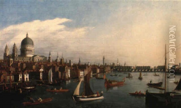 View Of The Thames Looking Towards London Bridge With The Royal Barge Oil Painting - William James