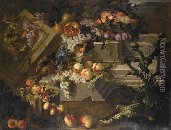 Peaches, Grapes, Plums And Pomegranates On Astone Plinth And A Carved Stone Tablet With Apples And Peaches In Alandscape Oil Painting - Pierre Dupuis