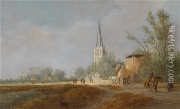 Dorfansicht Mit Der Kirche Von Voorschoten (zwischen Den Haag Und Leiden) Und Einem Heustock, Der Beladen Wird Oil Painting - Pieter de Neyn