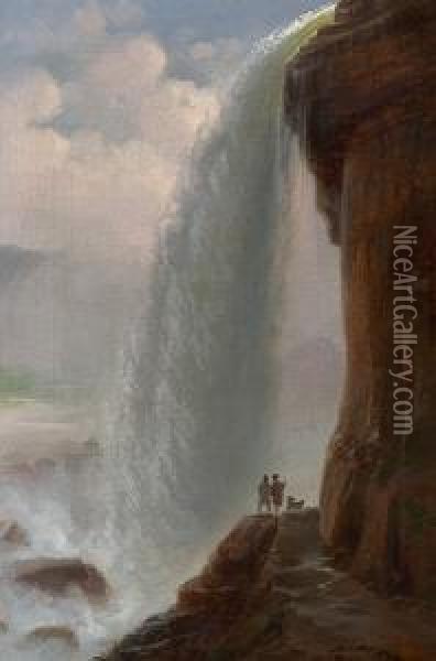 View Of Niagara Falls. In The Foreground Two Men With A Dog Oil Painting - Ferdinand Reichardt