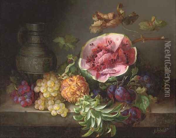 A watermelon and other fruit by an ornamental ewer Oil Painting - Adalbert Schaffer