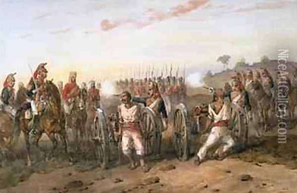 Mutineers about to be blown from guns by the Bengal Horse Artillery 1858 Oil Painting - Orlando Norie