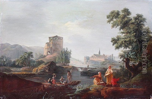Paysage A La Riviere Avec Pecheurs Et Villageois Oil Painting - Charles Francois Lacroix