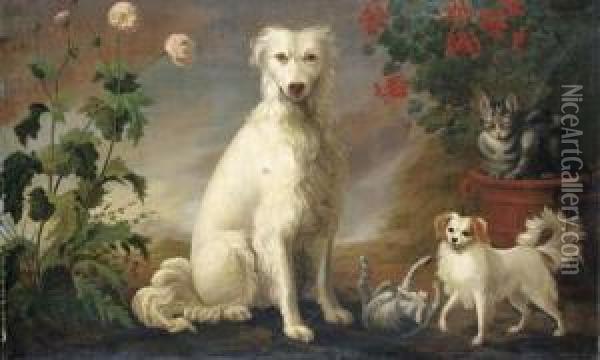 Two Dogs And Two Cats In A Landscape With Flowers Oil Painting - Martin Ferdinand Quadal