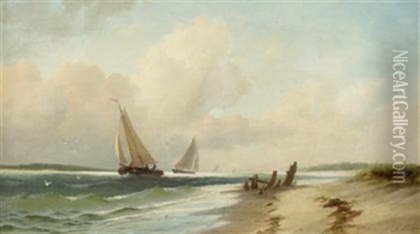 Coastal View With Boats Oil Painting - George Emerick Essig