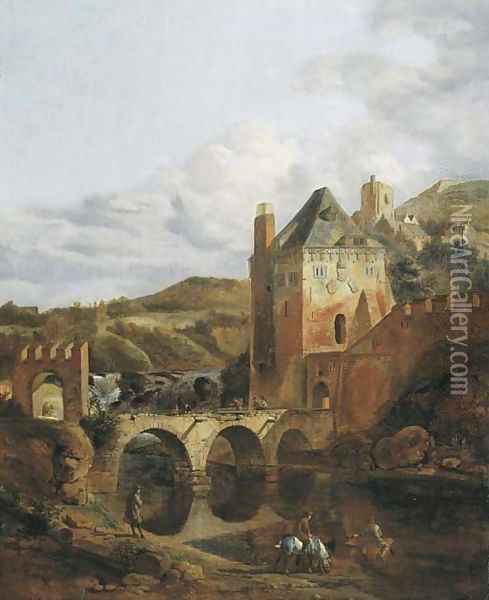 A river landscape with a fortified castle and a bridge Oil Painting - Jan Van Der Heyden
