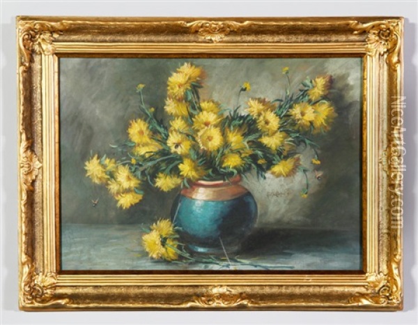 Yellow Flowers In Clay Pot With Bee Oil Painting - Paul De Longpre