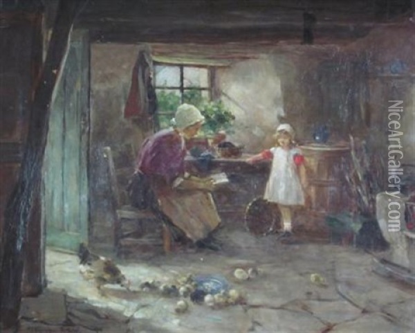 Farmhouse Interior With Chicks Feeding Oil Painting - David Fulton