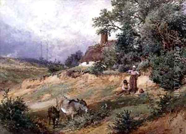 Children and Donkeys by a Heath Cottage Oil Painting - Myles Birket Foster