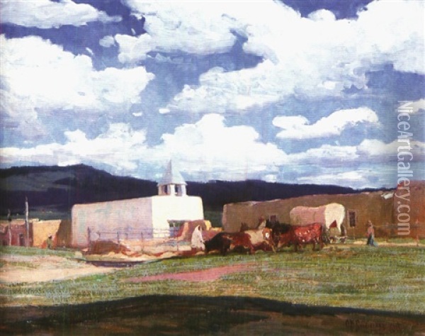 A Street In Taos Oil Painting - Oscar Edmund Berninghaus