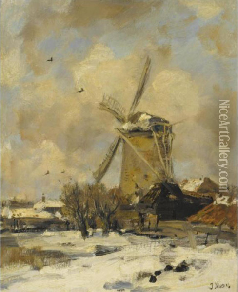 A Windmill In A Winter Landscape Oil Painting - Jacob Henricus Maris