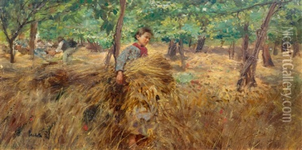 Girl In Forest Oil Painting - Attilio Pratella