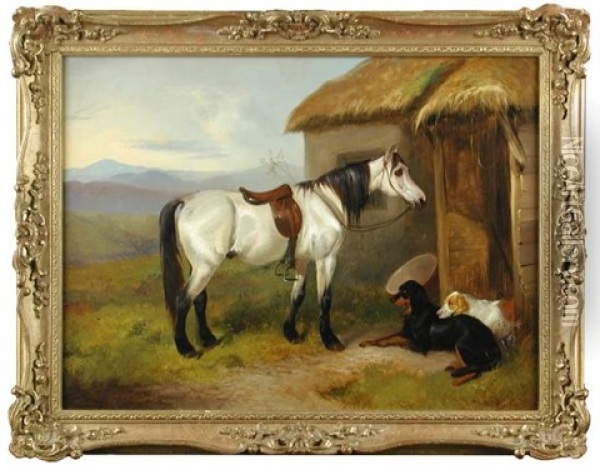 A Grey Pony With A Gordon Setter And Another Setter Outside A Highland Croft Oil Painting - Colin Graeme