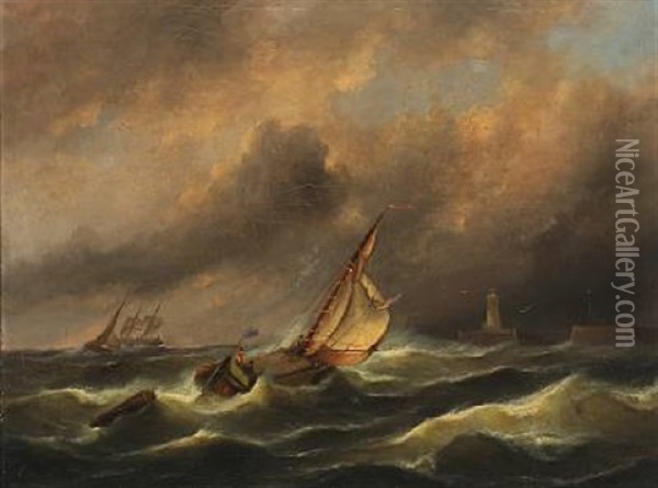 A Dutch Sailing Boat In Rough Sea Outside Port Oil Painting - Govert Van Emmerik