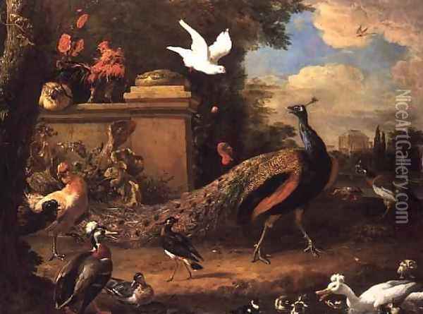 Peacocks and other Birds by a Lake Oil Painting - Melchior de Hondecoeter