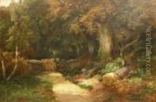 Sunlit Path In Wooded Landscape Oil Painting - Clarence Roe