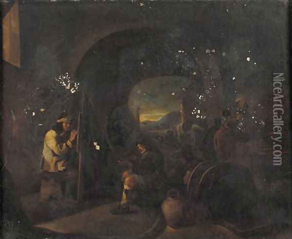 A painter at work in a grotto with shepherds and travellers nearby Oil Painting - Michelangelo Cerquozzi