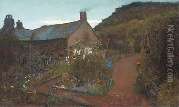 Cottage gardens - Twilight Oil Painting - Charles Napier Hemy
