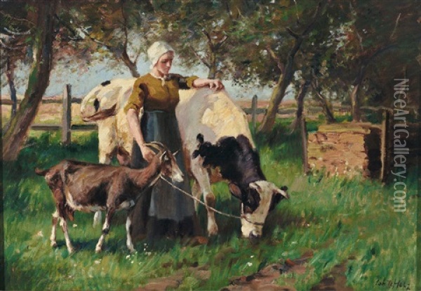 Magd Mit Kuh Und Geis Vor Hag In Sommerlicher Landschaft Oil Painting - Johann Daniel Holz