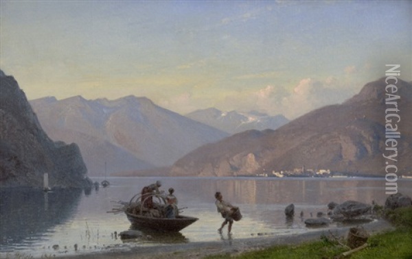 Abendstimmung Am Lago Di Garda Mit Reisig Sammelnden Bauern Oil Painting - Frederik Niels Martin Rohde