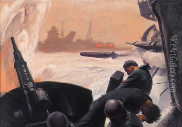 Men Firing Torpedo From Destroyer Oil Painting - Mcclelland Barclay