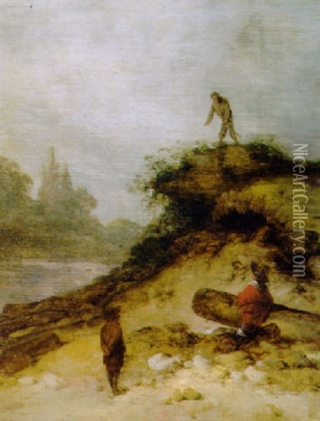 Travellers By A Wooded Outcrop, In An Italianate Landscape Oil Painting - Jacob Sibrandi Mancadan