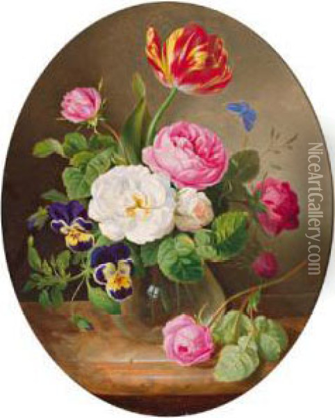 Quadro Di Fiori In Vaso Di Vetro Con Rose Oil Painting - Josef Lauer