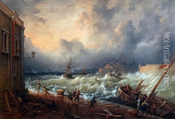 Stormy Seas In Valetta Harbour Oil Painting - Richard Brydges Beechey